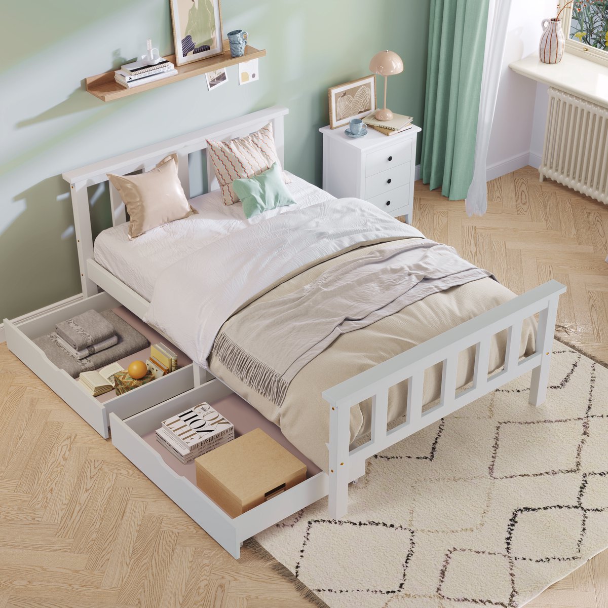 Houten bed eenpersoonsbed met 2 laden 90 x 200 cm - massief houten bed met latten- grenen bed voor volwassenen/kinderen/tieners- wit