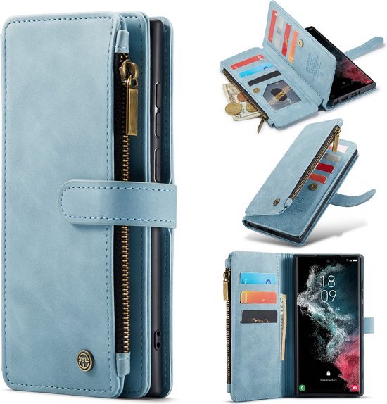 Étui portefeuille bleu clair pour téléphone avec fermeture éclair, fentes pour cartes, logement de téléphone et vues multiples.