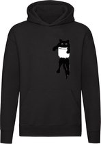 Kat in borstzakje Hoodie | cat | poes | kitten | huisdier | dierendag | grappig | Unisex | Trui | Sweater | Capuchon | Zwart