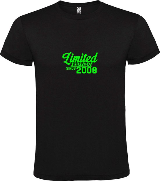 Zwart T-Shirt met “Limited sinds 2008 “ Afbeelding Neon Groen Size XS