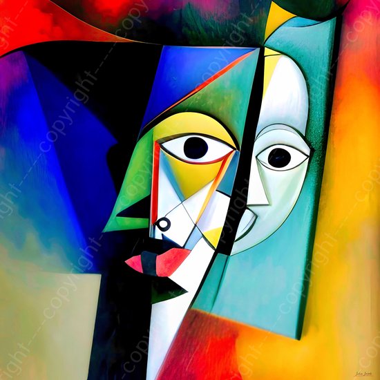 JJ-Art (Canvas) 60x60 | Man en vrouw gezichten - abstract kubisme surrealisme - picasso stijl - kleurrijk - kunst - woonkamer - slaapkamer | Blauw, rood, geel, groen, vierkant, modern | Foto-Schilderij print op Canvas (canvas wanddecoratie)