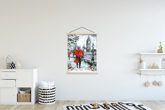 Posterhanger incl. Poster 87x120 cm - Schoolplaat - Schilderij - Paraplu - Olieverf - Textielposter - Blanke latten