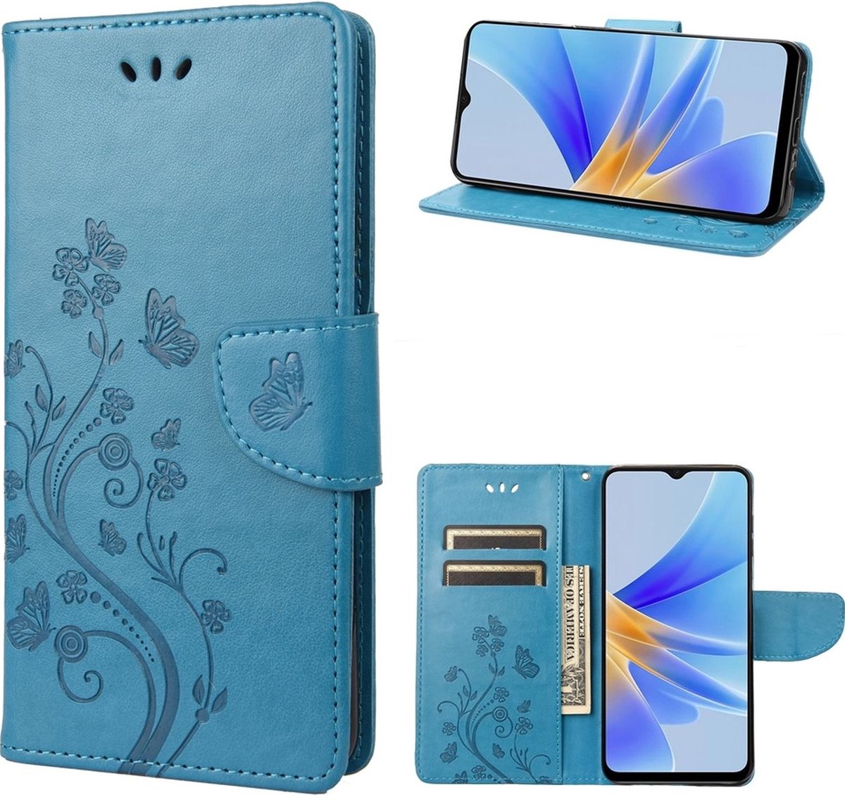 Mobigear Telefoonhoesje geschikt voor OPPO A17 Hoesje | Mobigear Flowers Bookcase Portemonnee | Pasjeshouder voor 3 Pasjes | Telefoonhoesje voor Pinpas / OV Kaart / Rijbewijs - Blauw