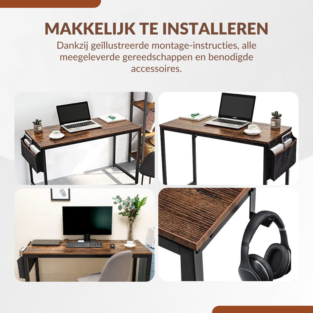 SensaHome - Retro Schrijftafel/Bureau - Computertafel met Metalen Frame - Werktafel in Rustieke Houtlook - Vintage Look - Zwart/Bruin