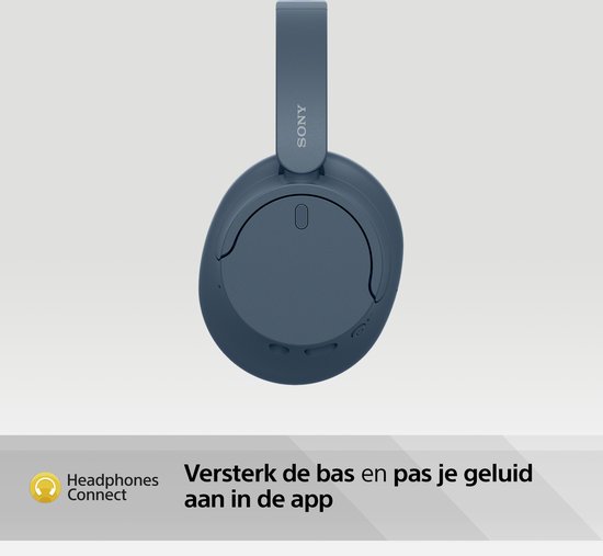 Blauwe Sony over-ear koptelefoon. Tekst: 'Versterk de bas en pas je geluid aan in de app'.