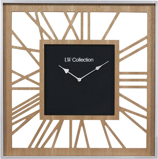 LW Collection XL Houten wandklok 80cm - Grote vierkante landelijke houten muurklok romeinse cijfers - Moderne houten klok - Wandklok hout stil uurwerk