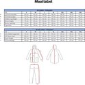 Maattabel voor jas en broek voor volwassenen.