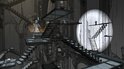 Een meisje staat op een platform in een complexe, mechanische omgeving met trappen.