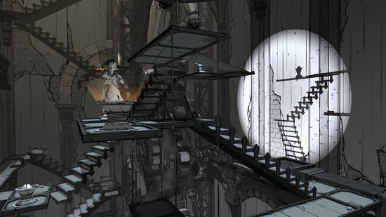 Een meisje staat op een platform in een complexe, mechanische omgeving met trappen.
