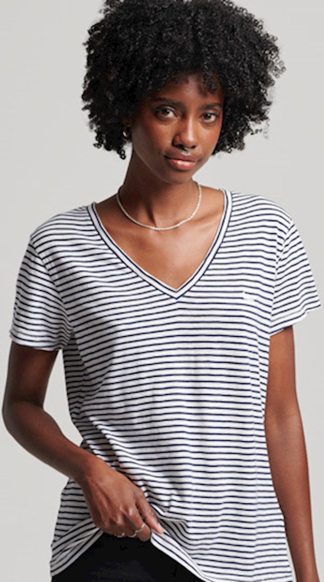 Superdry Studios Slub Emb Vee Tee Dames T-shirt Donkerblauw/ Gestreept Multicolor