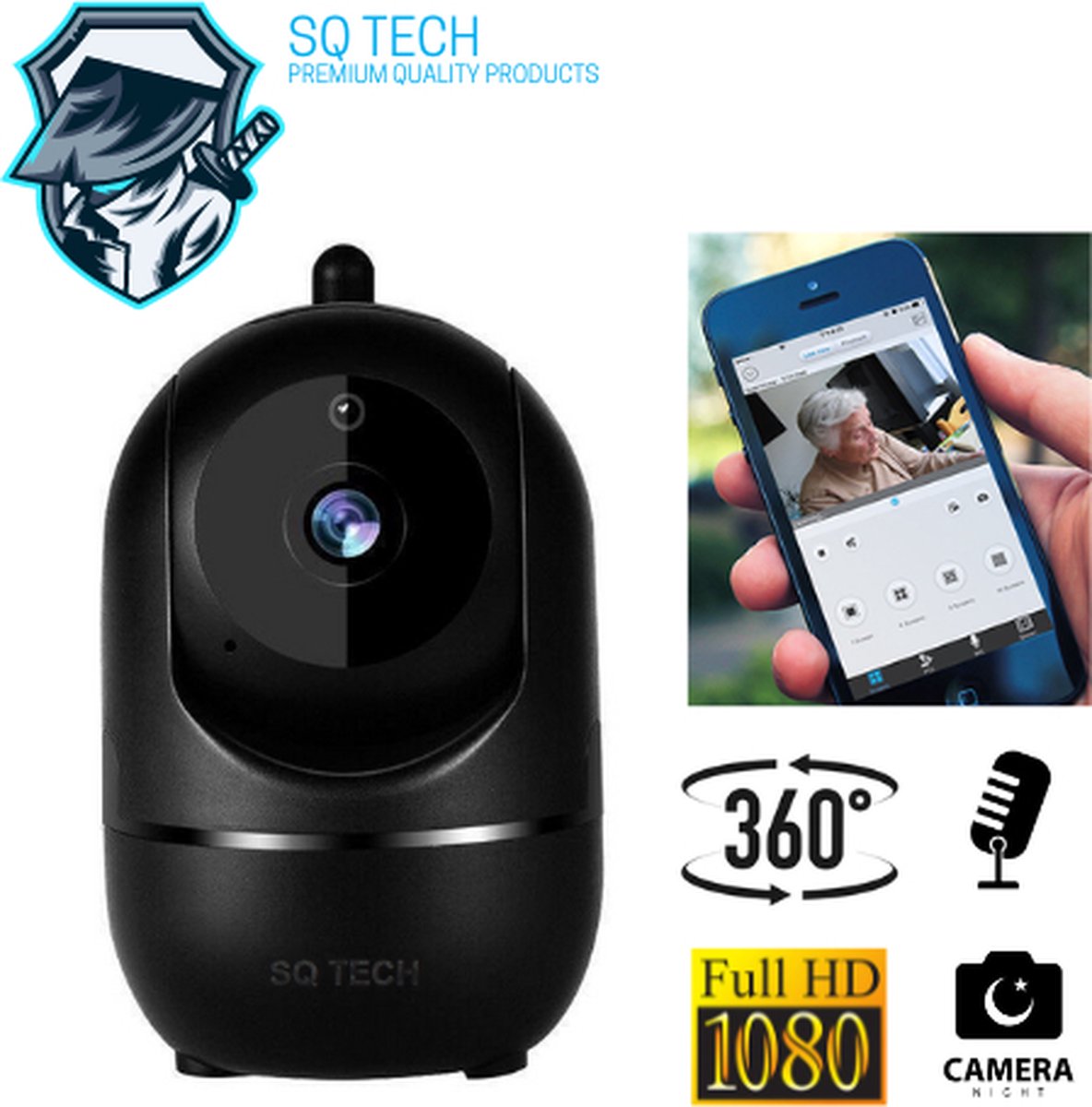 SQ TECH Beveiligingscamera Huisdiercamera - WiFi Beweeg en geluidsdetectie - Werkt met app - Zwart