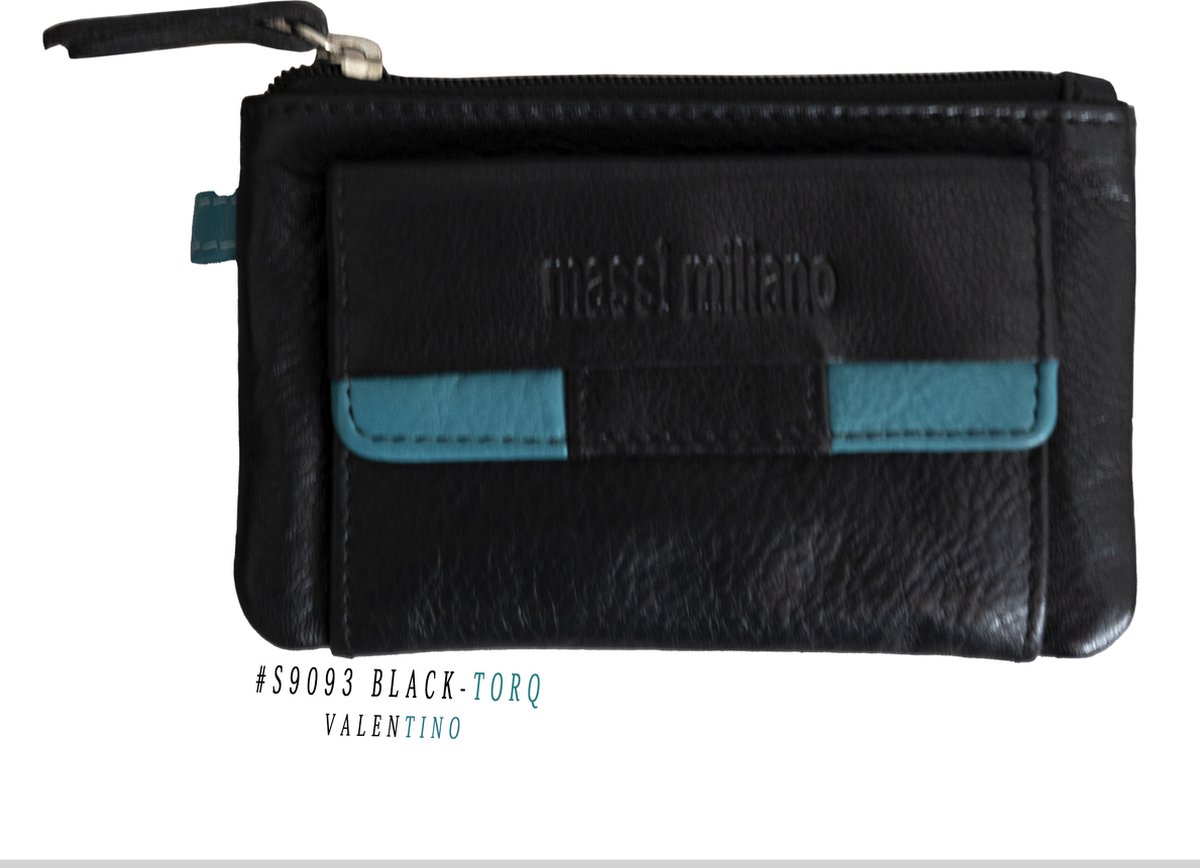 Massi Miliano kleine Portemonnee met Sleutelring- Dames-Heren- Nappa Leer Zwart/Blauw - (9093-6+8) - 11x2x7.5cm-