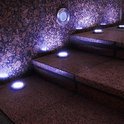 Verlichte zonnegrondspots op stenen trappen, verlicht met paars licht.