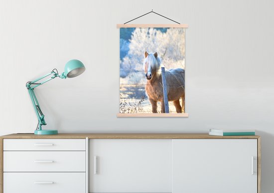 Porte-affiche avec affiche - Affiche scolaire - Cheval - Hiver - Neige - 60x80 cm - Lattes vierges