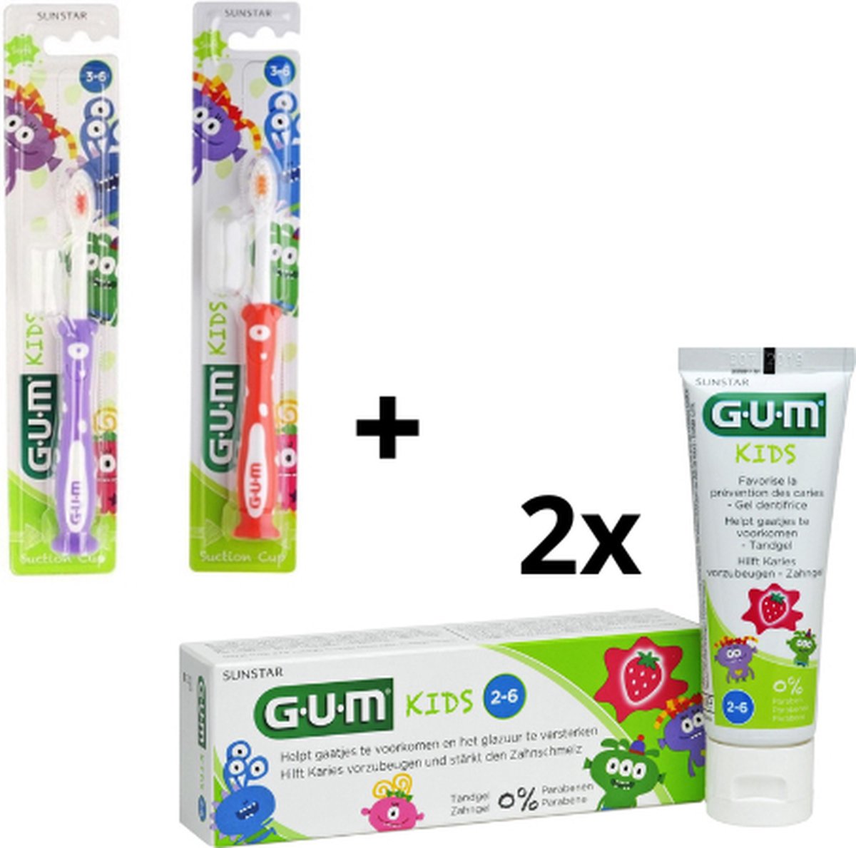 Goedkoopste GUM Kids 2 jaar Voordeelpakket - 2x Tandpasta 50 ml 2x Tandenborstel (roze/paars