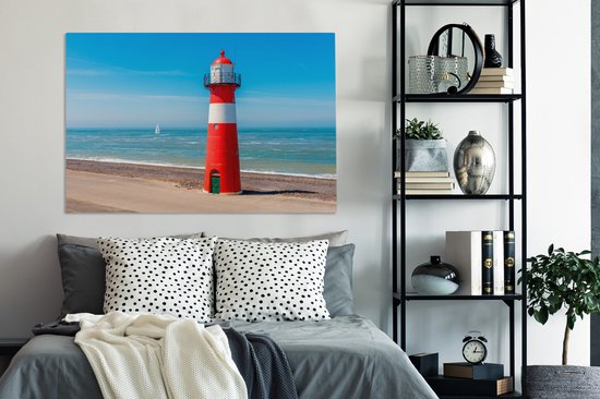 Canvas schilderij 140x90 cm - Wanddecoratie Rood met witte vuurtoren op het strand van Westkapelle in Zeeland, Nederland - Muurdecoratie woonkamer - Slaapkamer decoratie - Kamer accessoires - Schilderijen