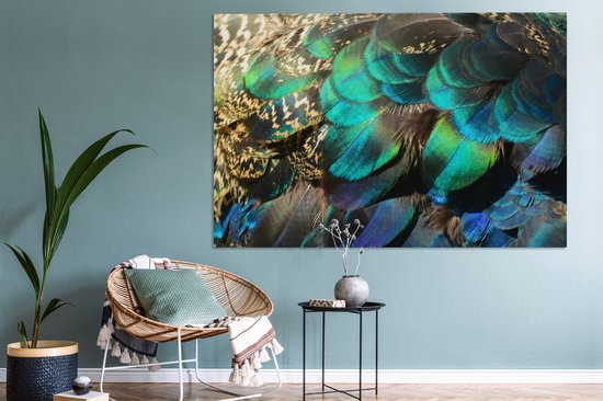 Peinture sur Toile Ressorts - Plumes de Paon - Paon - Blauw - Art - 180x120 cm - Décoration murale XXL