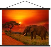 Posterhanger incl. Poster 150x113 cm - Schoolplaat - Olifant - Zonsondergang - Oranje - Savanne - Dieren - Textielposter - Blanke latten
