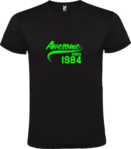 Zwart T-Shirt met “Awesome sinds 1984 “ Afbeelding Neon Groen Size M