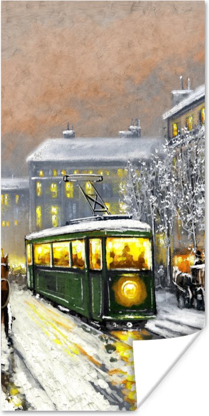 Poster Schilderij - Olieverf - Winter - Tram - Paard - 60x120 cm