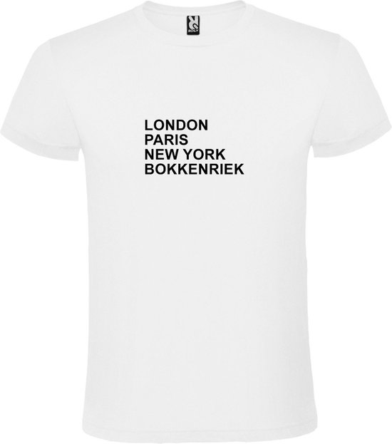 wit T-Shirt met London,Paris, New York , Bokkenriek tekst Zwart Size S