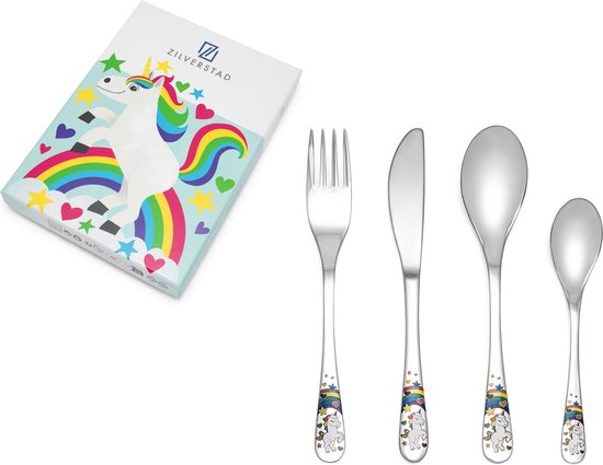 Zilverstad - Ménagère enfant Licorne - 4 pièces en acier inoxydable 18/10