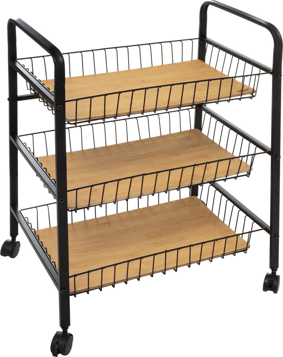 5Five Keukentrolley - zwart/bamboe 3-laags - D39 x B52 x H70 cm - metaal/hout