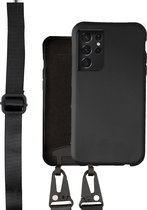 Coverzs Silicone case met dik koord geschikt voor Samsung Galaxy S21 Ultra - silicone back cover - zwart