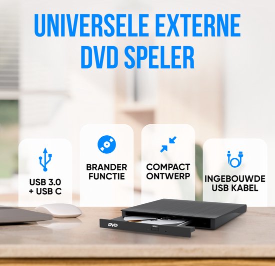 Strex Externe DVD Speler en Brander - CD/DVD - Plug & Play - USB 3.0 DVD Speler - Geschikt voor Windows, Mac en Linux - Optical Drive - Strex