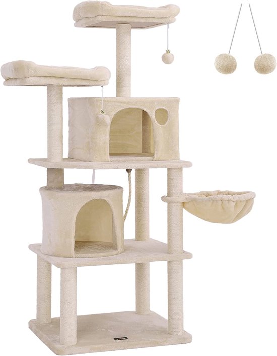 Yaheetech Krabpaal groot, 179 cm kattenkrabpaal, met 2 kattenhuisjes en 2 platforms, sisal kattenmeubel, stabiel, lichtgrijs