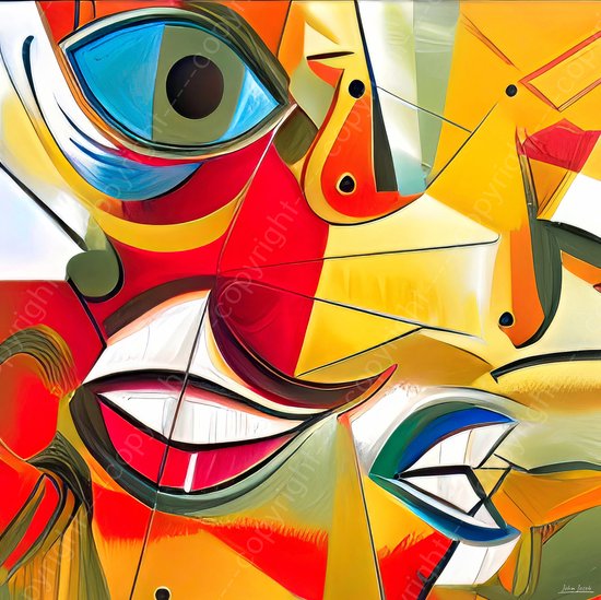 JJ-Art (Glas) 100x100 | Abstract in Picasso stijl, man vrouw, gezicht, oog, mond - woonkamer - slaapkamer | kunst, geel, rood, blauw, groen, vierkant, modern | Foto-schilderij-glasschilderij-acrylglas-acrylaat-wanddecoratie | KIES JE MAAT