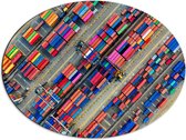 WallClassics - Dibond Ovaal - Zeecontainers in de Haven gestapeld - 68x51 cm Foto op Ovaal (Met Ophangsysteem)