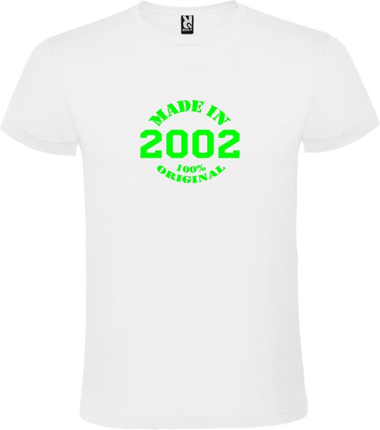 Wit T-Shirt met “Made in 2002 / 100% Original “ Afbeelding Neon Groen Size XXXL