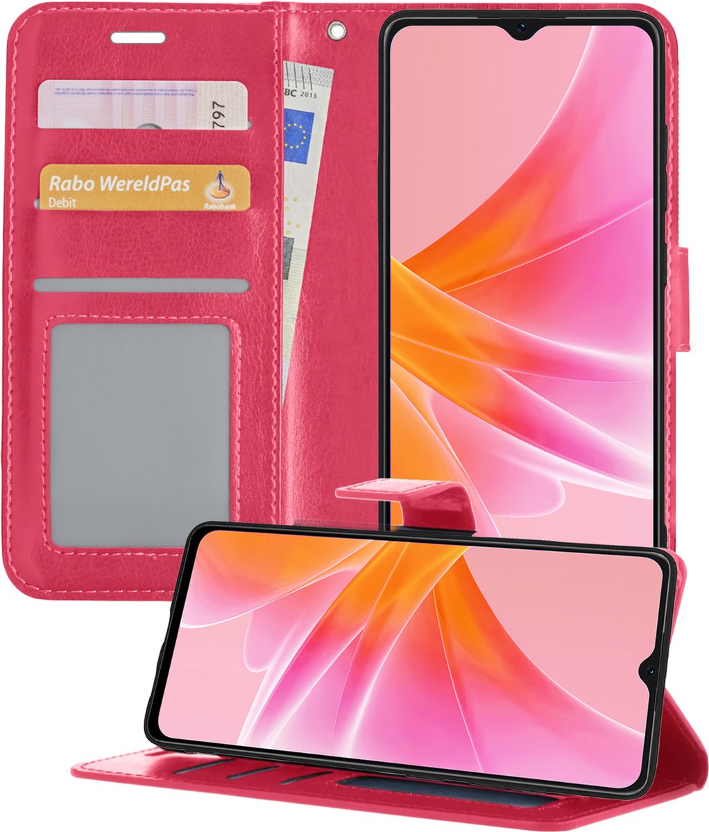 Hoesje - Met Pasjeshouder - Geschikt voor OPPO A57s - Luxe Bookcase Portemonee - Flip Case - Kunstleer Book Case - Flipcase - Book Cover - Walletcase - Portemonneehoes - Telefoonhoesjes - Donkerroze