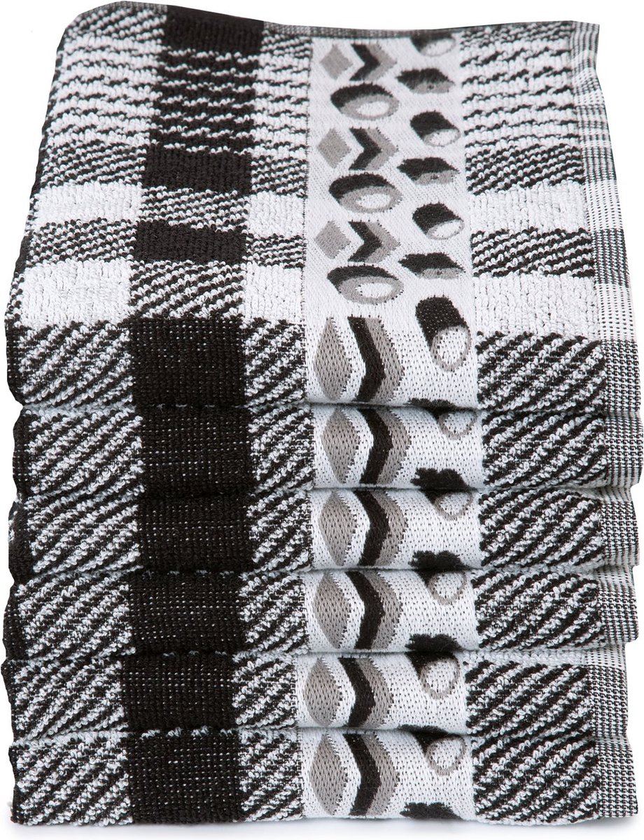 Twentse Damast Keuken Handdoeken - Hollandse Designs - Katoen - Keukendoeken Set - 6 stuks - 50x55 cm - Snoep Zwart