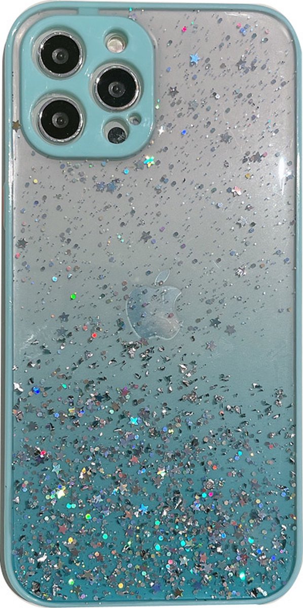 Hoesje geschikt voor iPhone 14 - Backcover - Camerabescherming - Glitter - TPU - Lichtblauw