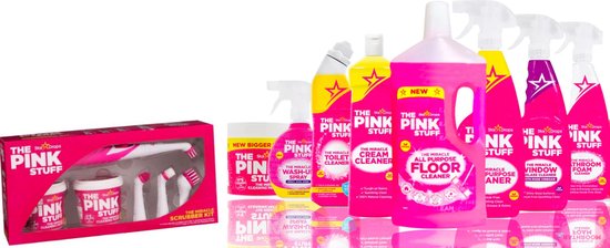 Foto: The pink stuff the miracle scrubber kit the pink stuff alles set gehele assortiment inclusief cream cleaner schoonmaakpasta multi reinigingsspray vloer reiniger badkamer spray glasreiniger wash up spray het gehele pink stuff assortiment