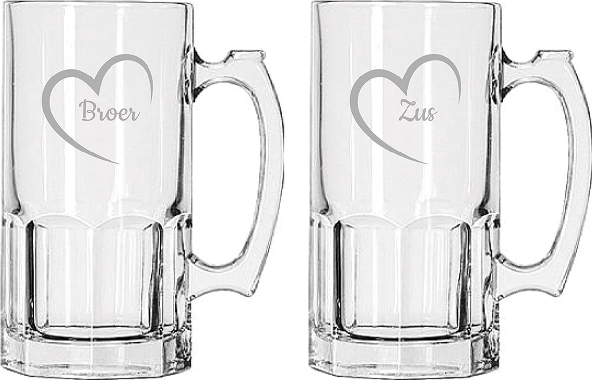 Gegraveerde Bierpul 1ltr Broer met hartje & Zus met hartje