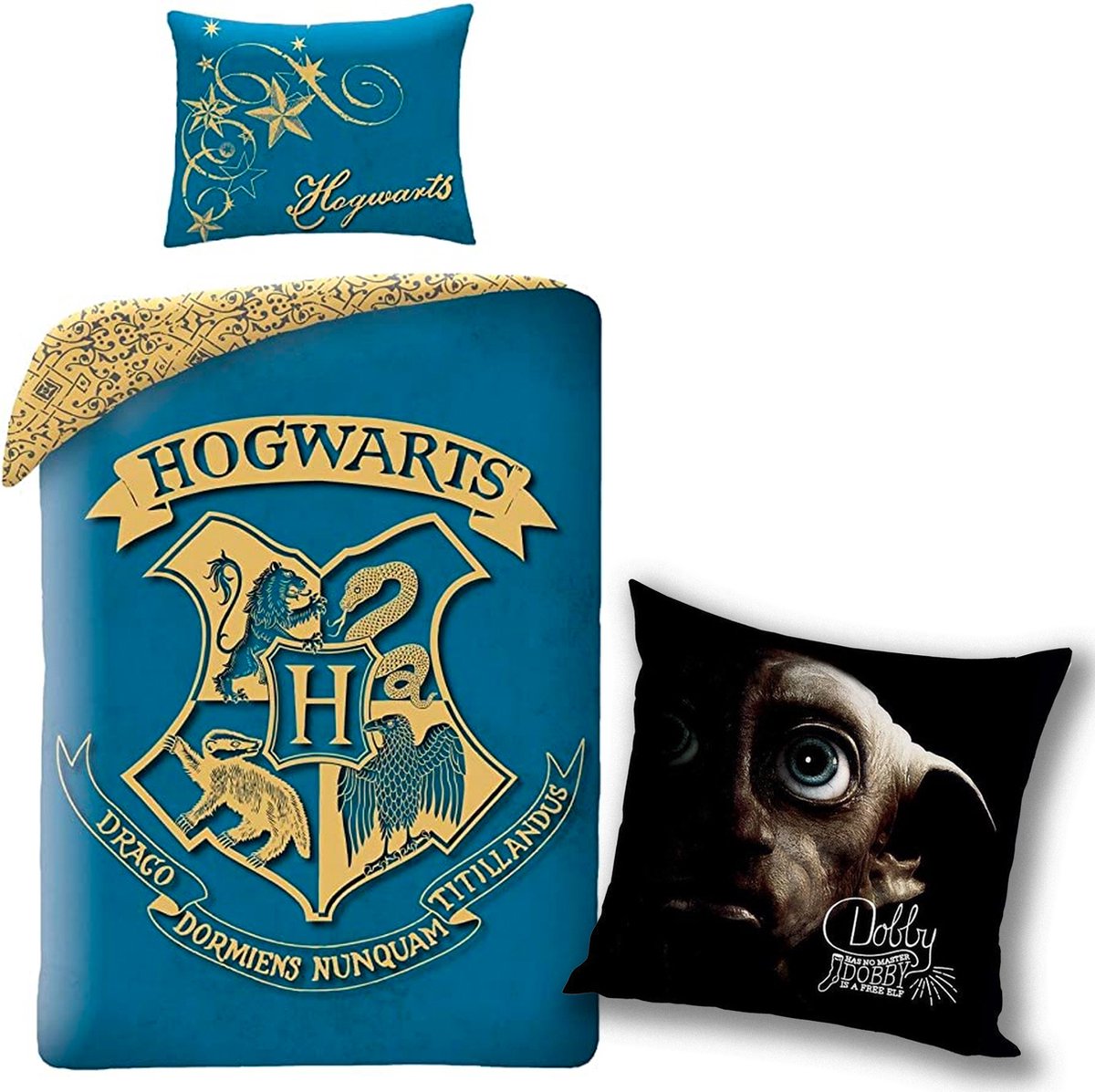 Dekbedovertrek Harry Potter- Katoen- 1persoons- 140x200- Dekbed Hogwarts Logo -Petrol-blauw incl. Harry Potter Dobby - Sierkussen 40 x 40
