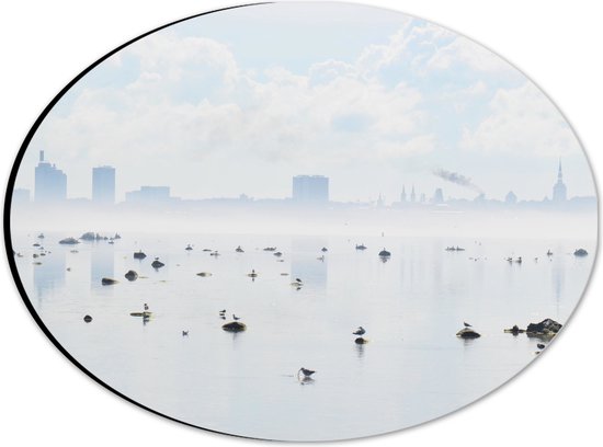 WallClassics - Dibond Ovaal - Mist bij Skyline achter Meer met Vogels - 28x21 cm Foto op Ovaal (Met Ophangsysteem)