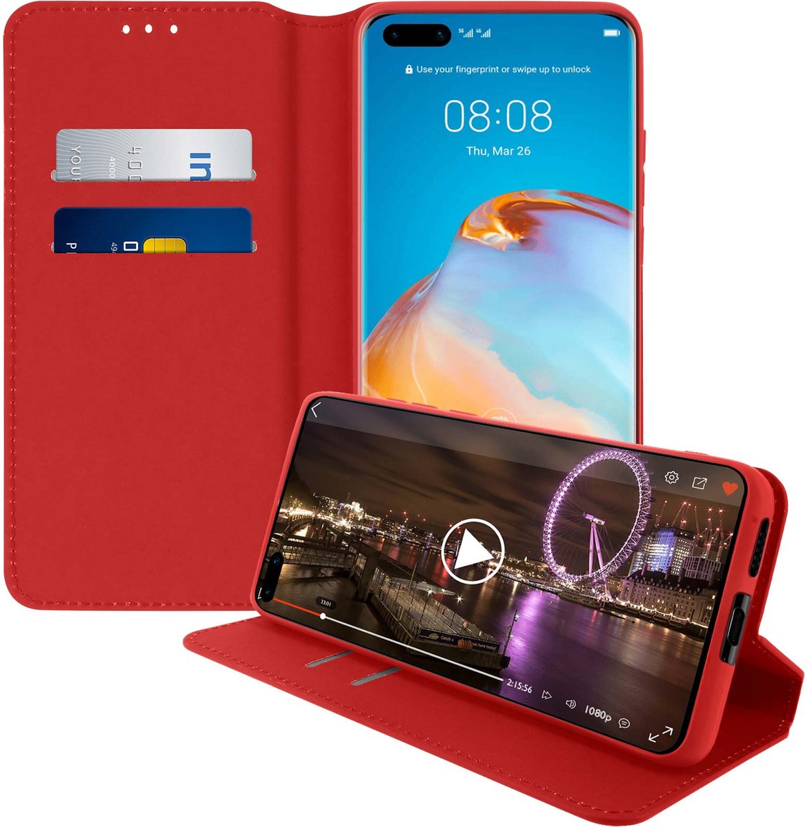 Hoes Geschikt voor Huawei P40 Pro klep portefeuille, video standaard rood