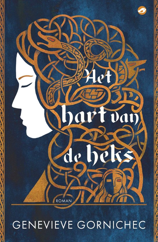 Het hart van de heks. Een gouden Keltische knoop versierd met een slang en een wolf siert het haar van een profiel van een vrouw. Rechtsonder een figuur in een helm.