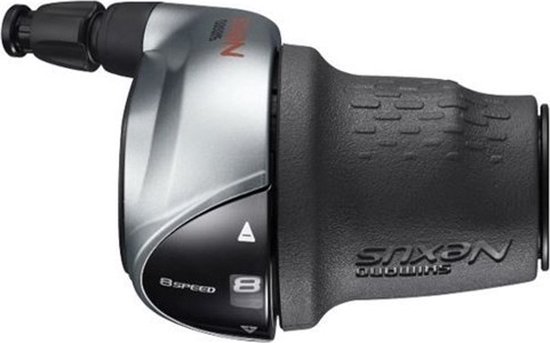 Zilveren en zwarte Shimano Nexus 8-speed draaishifter met de tekst "8 SPEED" en cijfer "8".
