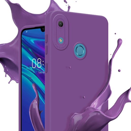 Coque de téléphone violette avec objectif de caméra bleu et scanner d'empreintes digitales, avec des éclaboussures de peinture violette en arrière-plan.