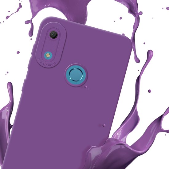 Coque de téléphone violette avec objectif de caméra bleu et scanner d'empreintes digitales, entourée d'éclaboussures de peinture violette.