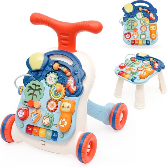 Zit-naar-stand loopwagen - In hoogte verstelbare loopwagen - Mobiele speelgoedkist, multifunctionele loopwagen voor baby's met licht, muziek en geluid, Geschikt voor baby's vanaf 9 maanden