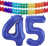 Folat folie ballonnen - Leeftijd cijfer 45 - blauw - 86 cm - en 2x slingers