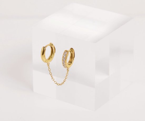 Lucardi - Boucles d'oreilles double plaqué or pour femme avec zircone - Boucles d'oreilles d'oreilles - Cadeau - Argent véritable -