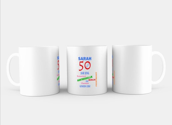 porte-clés monde - Mug Sarah 50 avec impression - cadeau d'anniversaire - maman - Texte drôle - Contenu 350 ML
