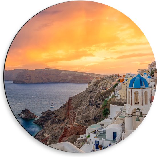 Dibond Muurcirkel - Zonsondergang op het Griekse eiland Santorini - 50x50 cm Foto op Aluminium Muurcirkel (met ophangsysteem)